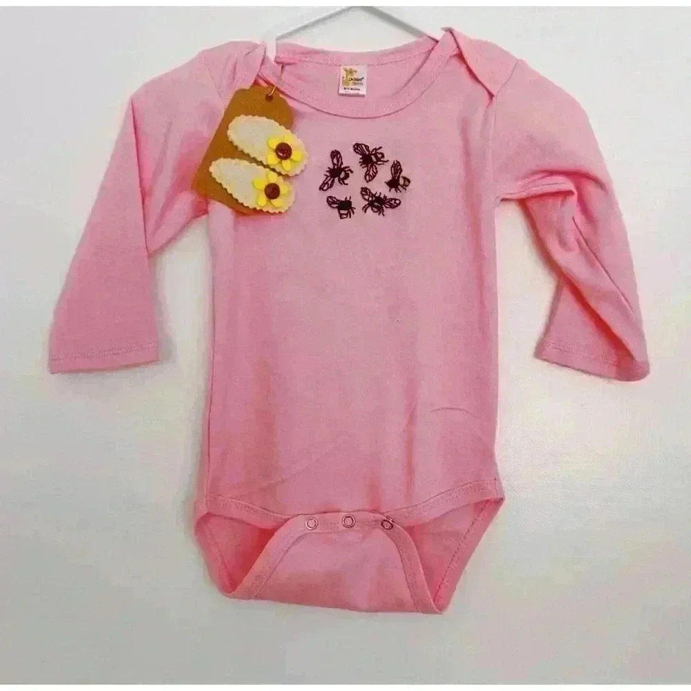 BNWT 6-12 mo. Pink  Onesie Hand Embroidered with Bumblebees with Felt Barrettes